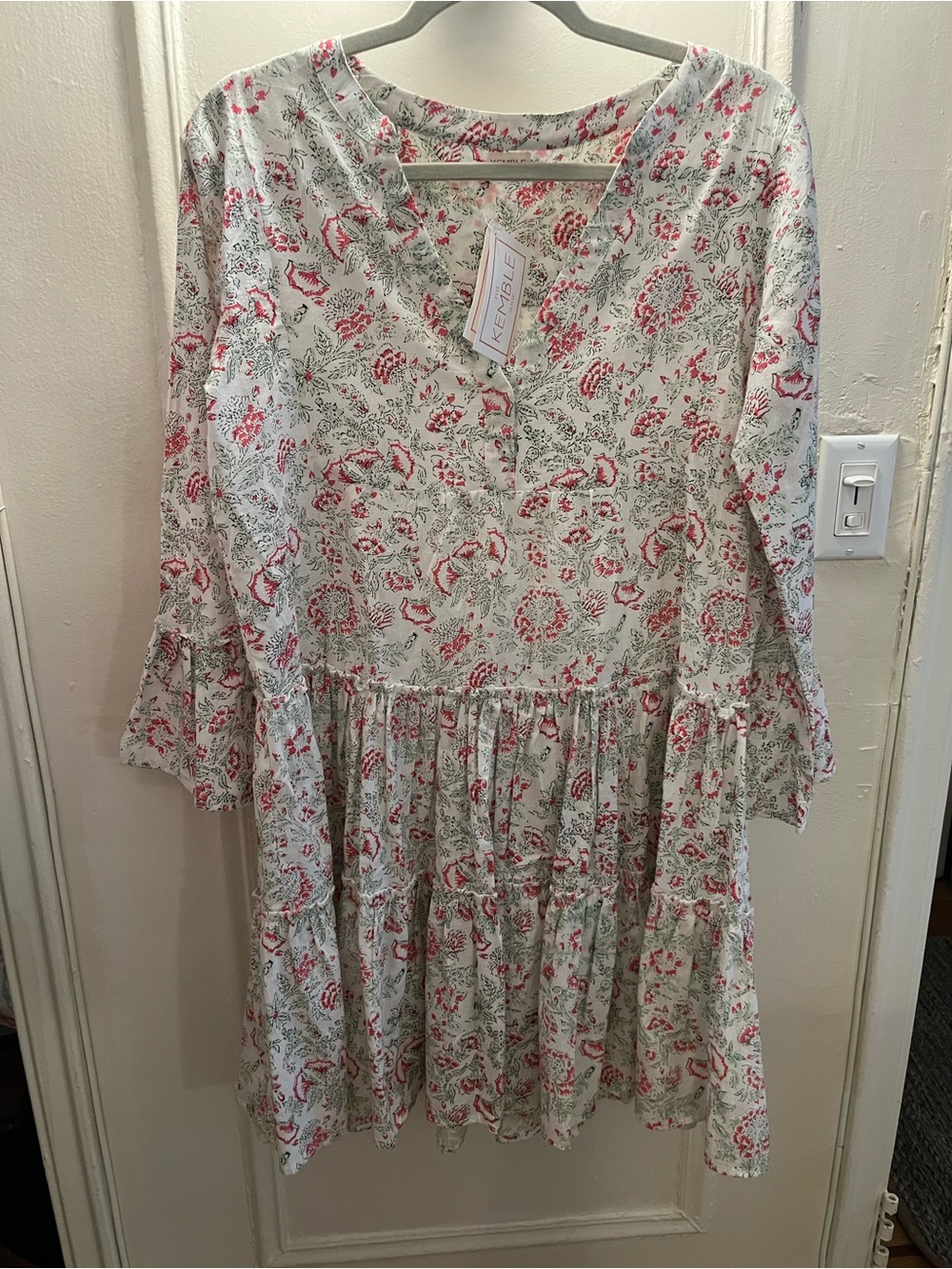 Kemble Floral Tiered Midi Dress in Red & Green on white background.  NWT